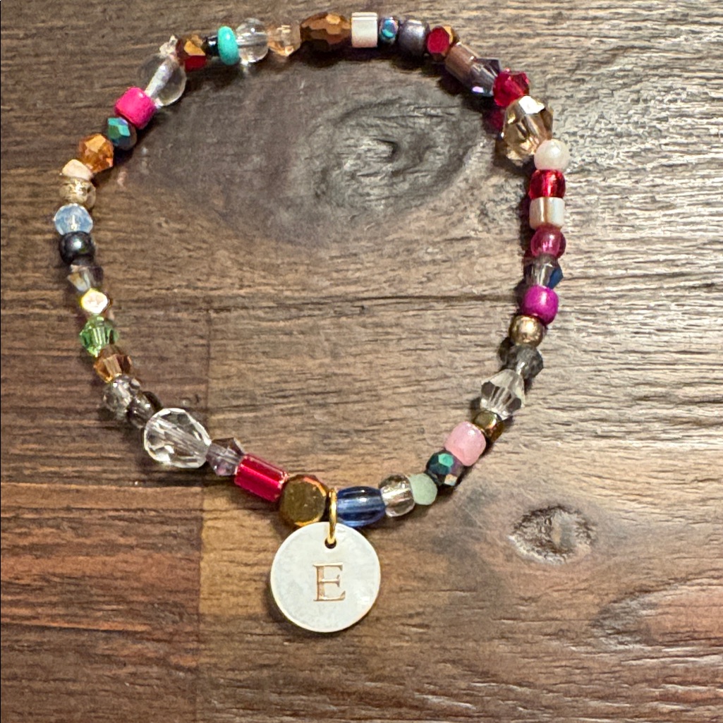 Multicolor Beaded Bracelet With Initial E Charm By Sassy Charmer